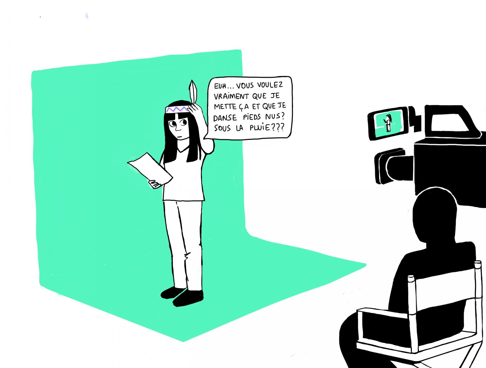 dessin d'une indienne en train d'être filmée
