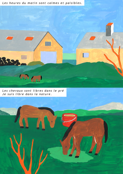 peinture d'une ferme et de chevaux qui broutent
