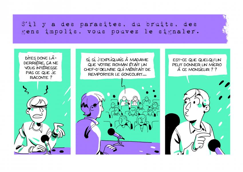 3 cases de BD en mauve et turquoise