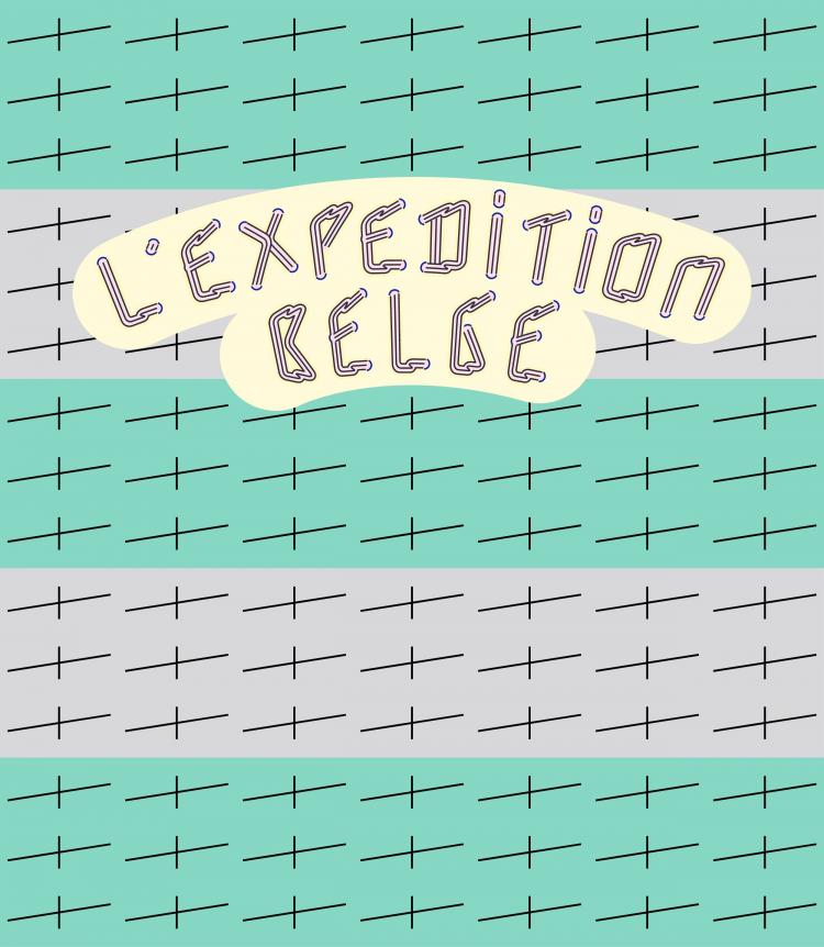 flyer à lignes gris et turquoise avec "Expédition belge" au milieu