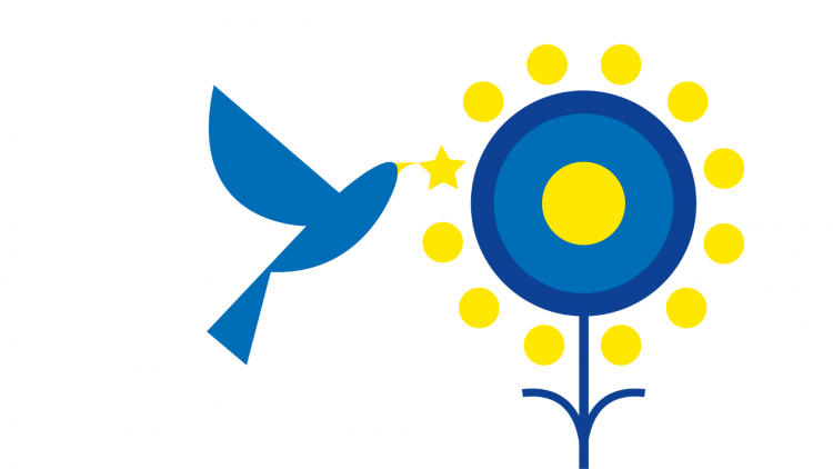 dessin bleu et jaune oiseau qui butine une fleur