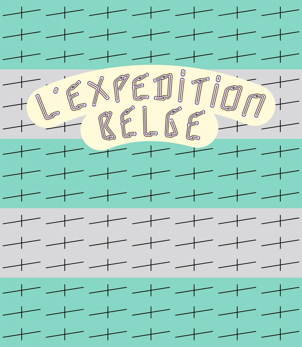 flyer à lignes gris et turquoise avec "Expédition belge" au milieu
